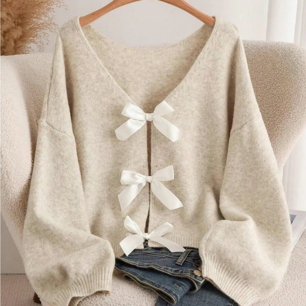 Cream Bow Tie Cardigan Sweater | Long Sleeve Knit Top with Satin Ribbon Detail